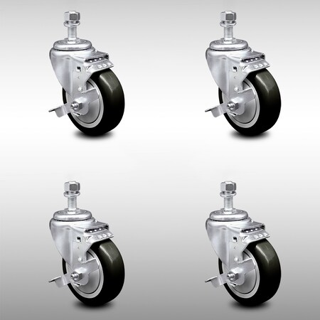 Service Caster 4 Inch SS Black Polyurethane Wheel Swivel 1/2 Inch Threaded Stem Caster Set Brake SCC-SSTS20S414-PPUB-BLK-TLB-121315-4